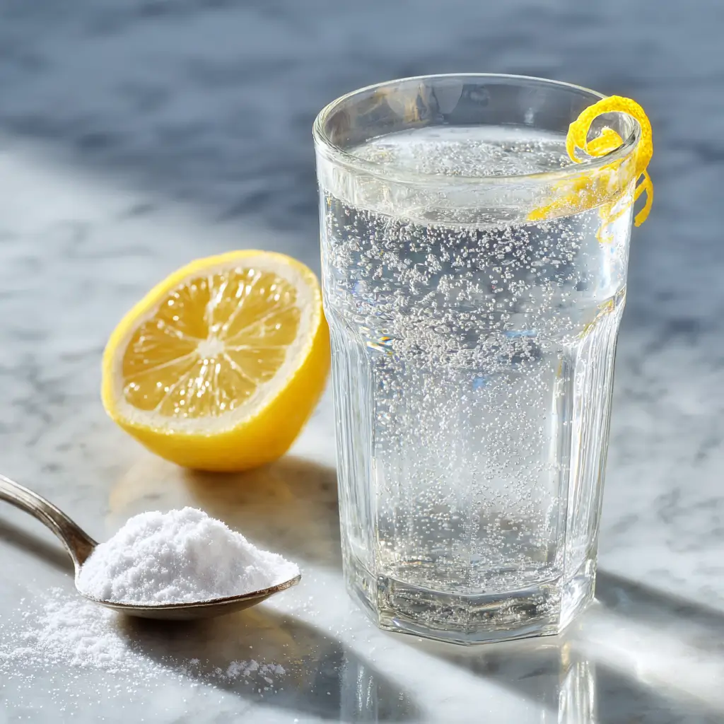 Clear glass of fizzy baking soda water with lemon zest on marble counter.