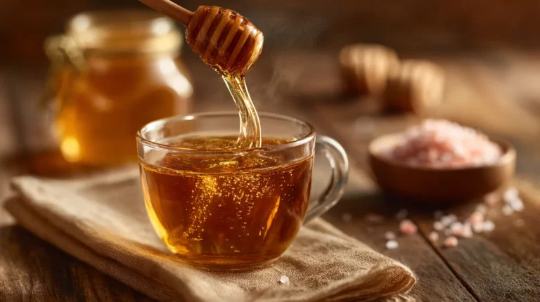 Pouring steaming golden Canaan honey drink into glass cup