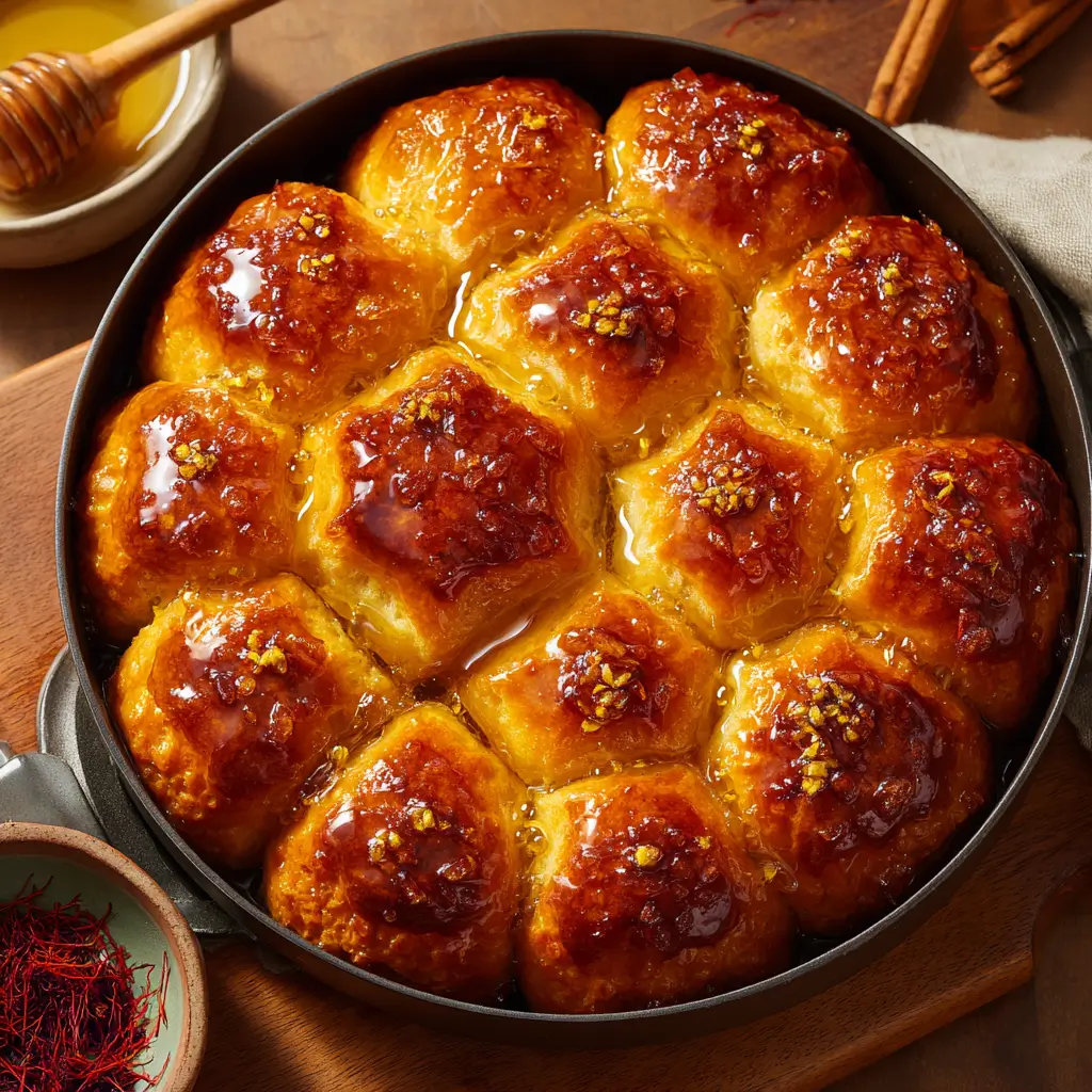 Palestinian honeycomb bread glazed with saffron honey syrup