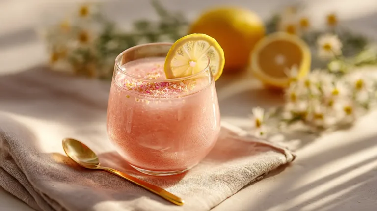serving of pink gelatin trick drink with lemon garnish