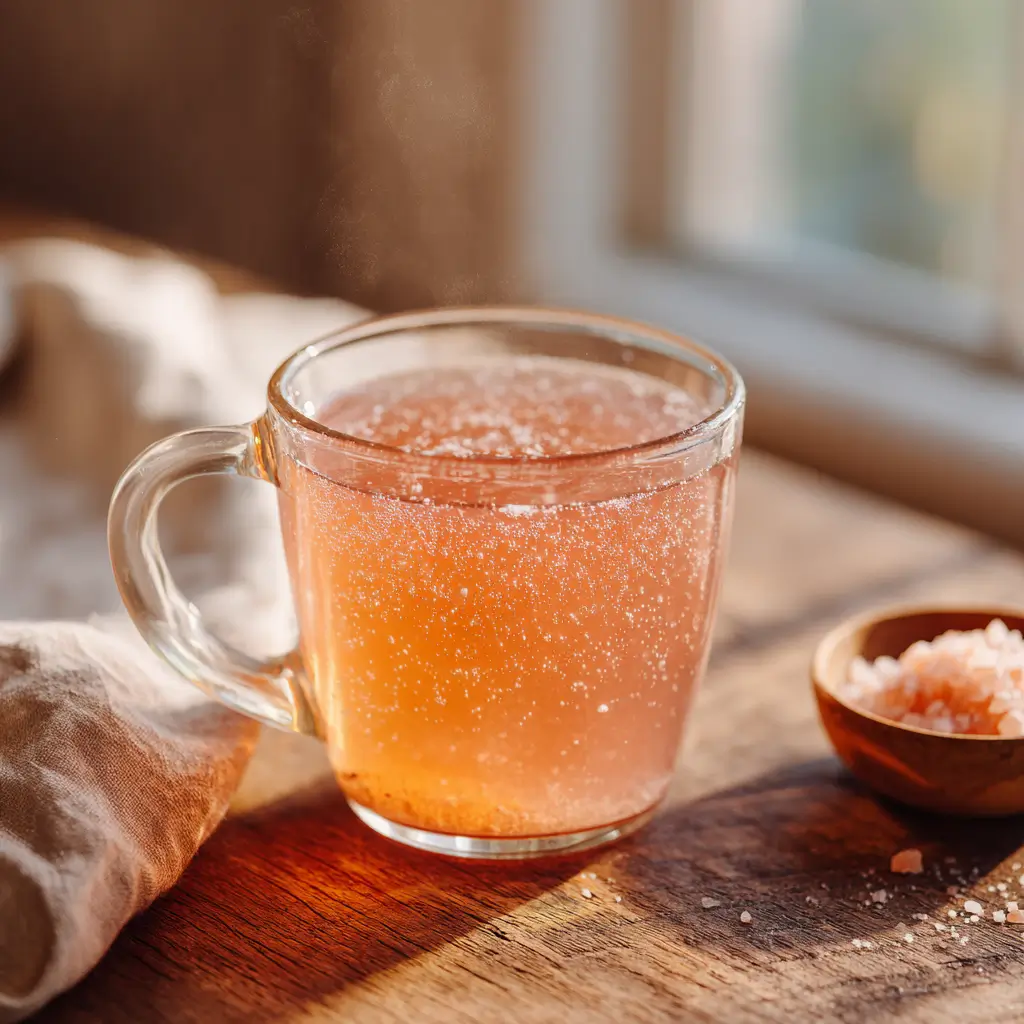 pink salt flush gelatin trick drink served warm in glass mug