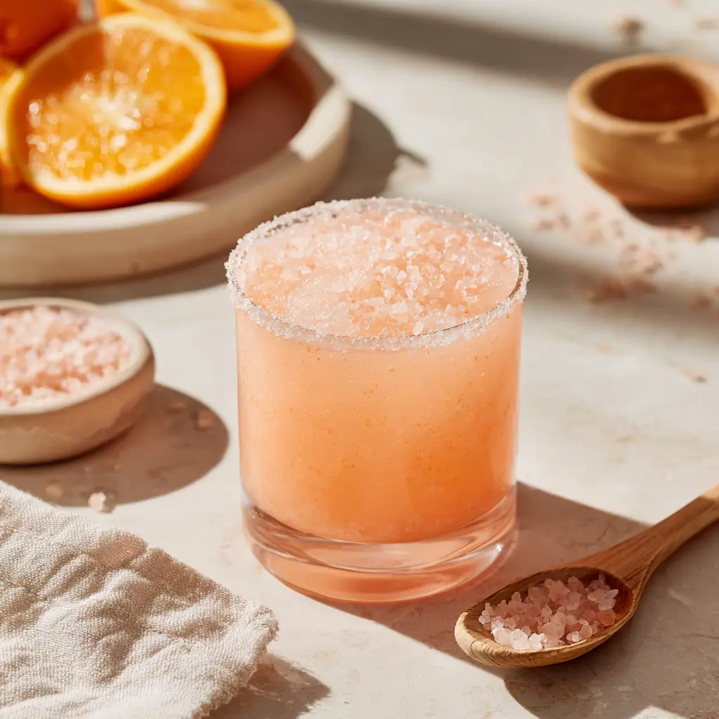 Glass of refreshing pink salt drink made with orange juice and Himalayan pink salt.