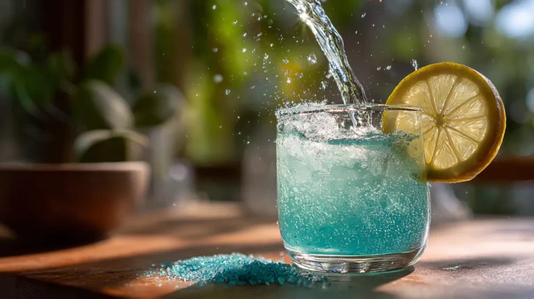 Pouring a shimmering Himalayan Blue Salt Trick Recipe drink into a cold glass with lemon.