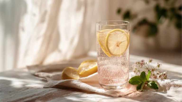 himalayan salt sole water served with lemon slices in clear glass