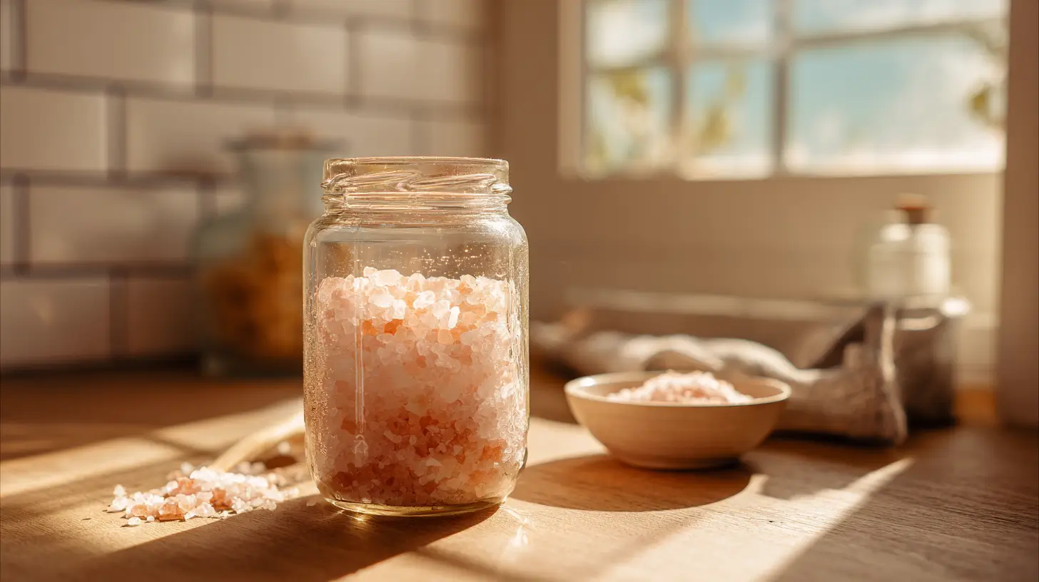 himalayan salt sole water ingredients in glass jar with pink salt crystals