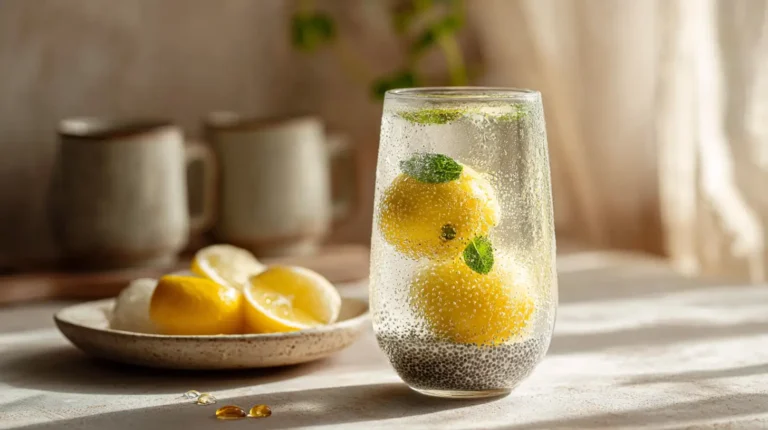 Chilled tadpole water chia seed drink served with lemon and mint