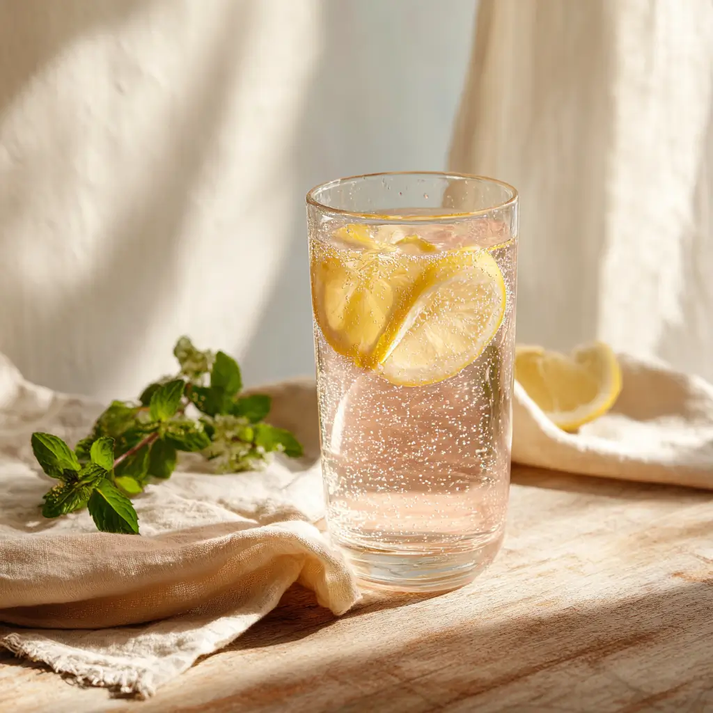 himalayan salt sole water with lemon slices and fresh mint on a wooden table