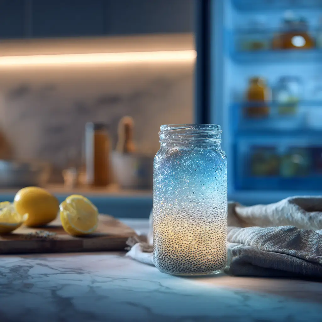 Overnight chia seed soak for tadpole water in refrigerator jar