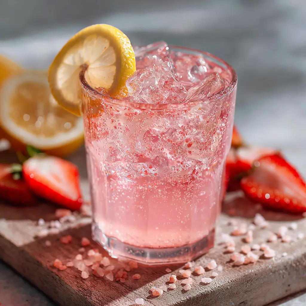pink salt electrolyte gelatin drink with lemon and ice