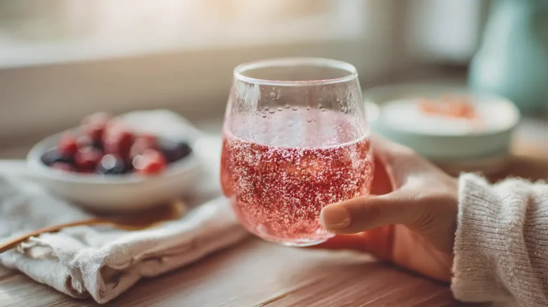 woman holding pink jello diet drink by window in morning light