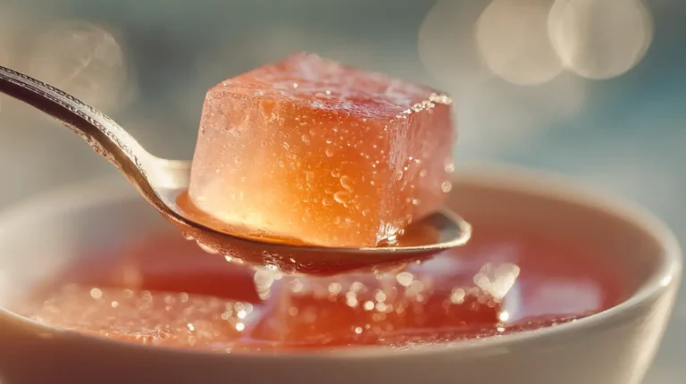 Spoon lifting pink gelatin cube from bowl for bariatric surgery gelatin trick recipe