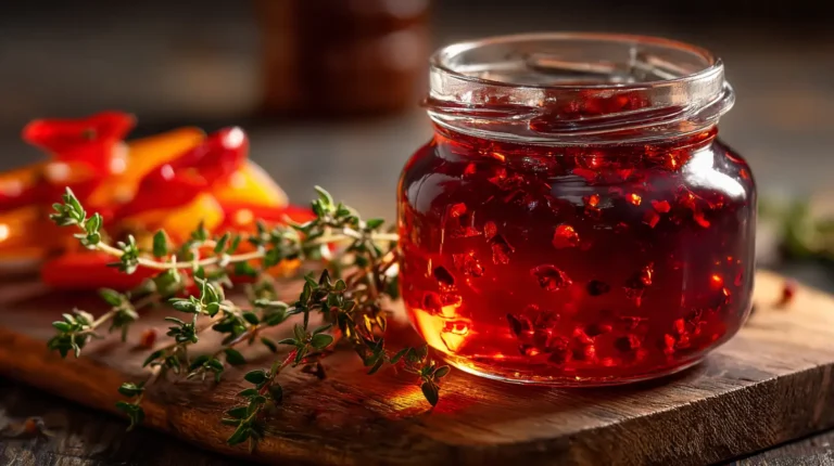 Savory bariatric pepper jelly made with gelatin in glass jar